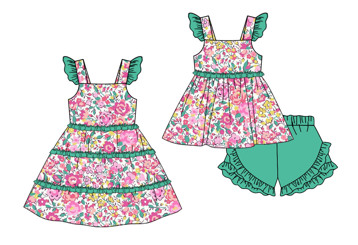 Preorder(moq 5 each) Baby Girls Green Pink Flowers Ruffles Summer Dress Shorts Sets