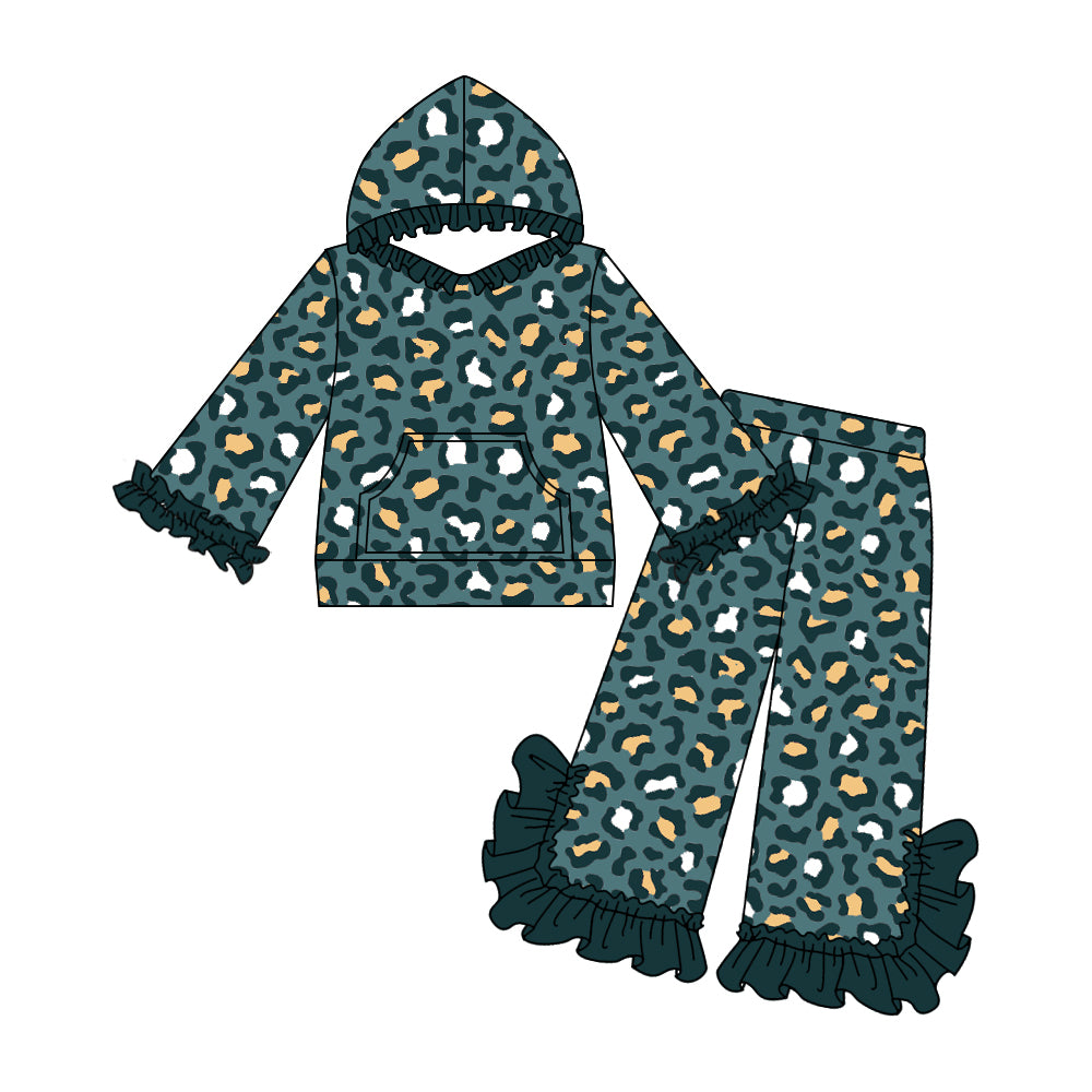 Baby Girls Green Leopard Hooded Top Bell Pants Kids Clothing Sets preorder(MOQ 5)