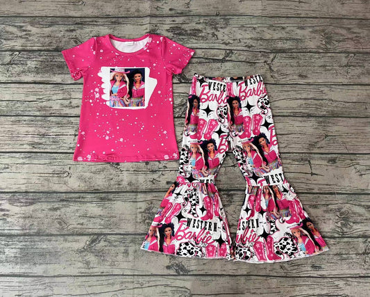 Baby Girls Pink Short Sleeve Top Western Doll Bell Pants Clothes Sets