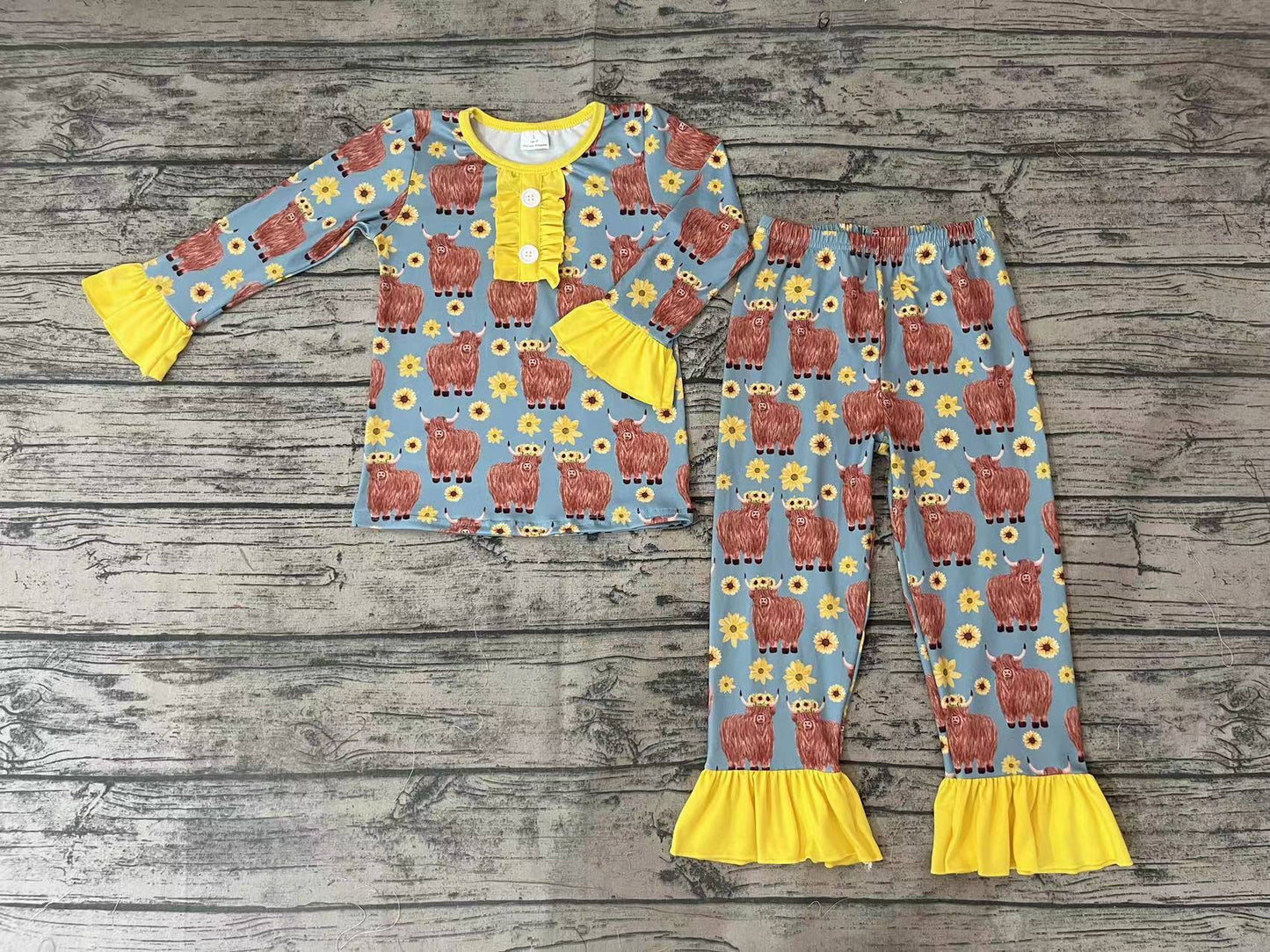 Baby Kids Fall Highland Cow Sunflowers Pajamas Clothes Sets