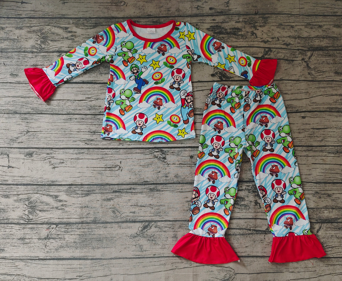 Baby Girls Rainbow Cartoon Long Sleeve Ruffle Pajamas Clothes Sets