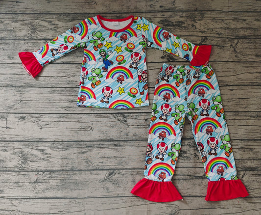 Baby Girls Rainbow Cartoon Long Sleeve Ruffle Pajamas Clothes Sets