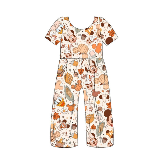 Baby Girls Cartoon Fall Flowers Short Sleeve Pants Jumpsuits Preorder