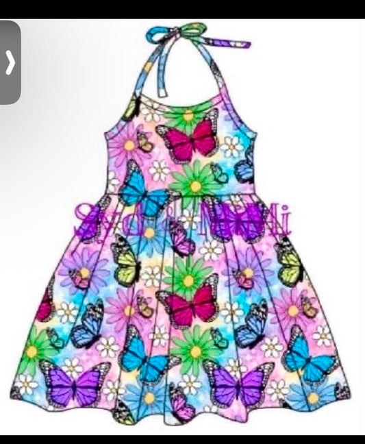 Preorder (moq 5)Baby Girls Colorful Butterfly Halter Knee Length Dress