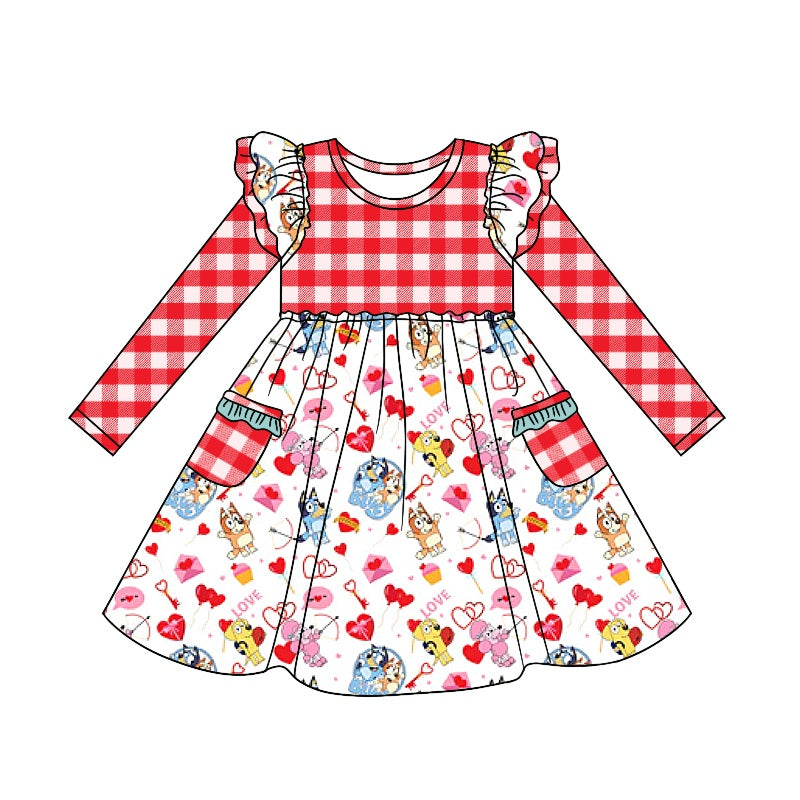 Baby Girls Red Checkered Pockets Dog Pockets Knee Length Dresses preorder(moq 5)