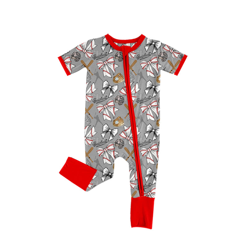 Preorder(moq 5)Baby Infant Girls Baseball Bows Zip Sleepers Rompers