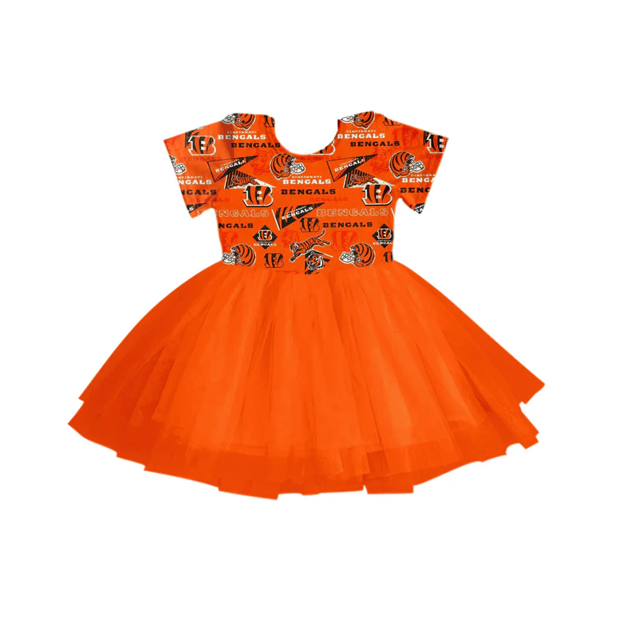 Preorder (moq 5)Baby Girls Orange Bengals Hats Team Tulle Knee Length Dresses