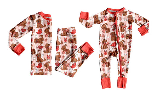 Preorder moq 5 (each item)Baby Girls Heart Dogs Pants Valentines Pajamas Sets Zipper Rompers