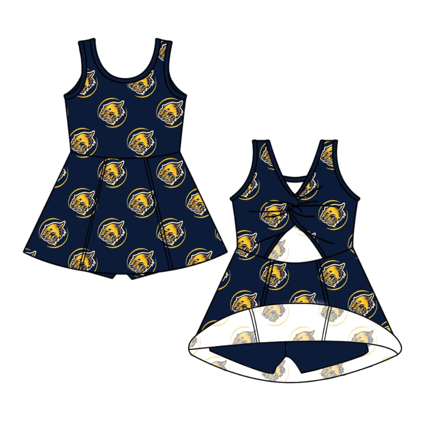 Split Preorder July 24th Baby Girls Navy Sleeveless Lions Plaid Shorts Knee Length Dresses