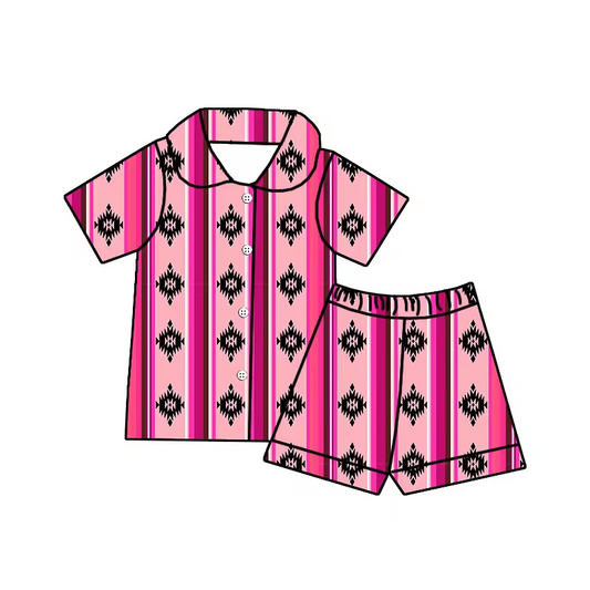 Baby Girls Western Aztec Buttons Shirt Shorts Pajamas Clothing Sets Preorder(moq 5)