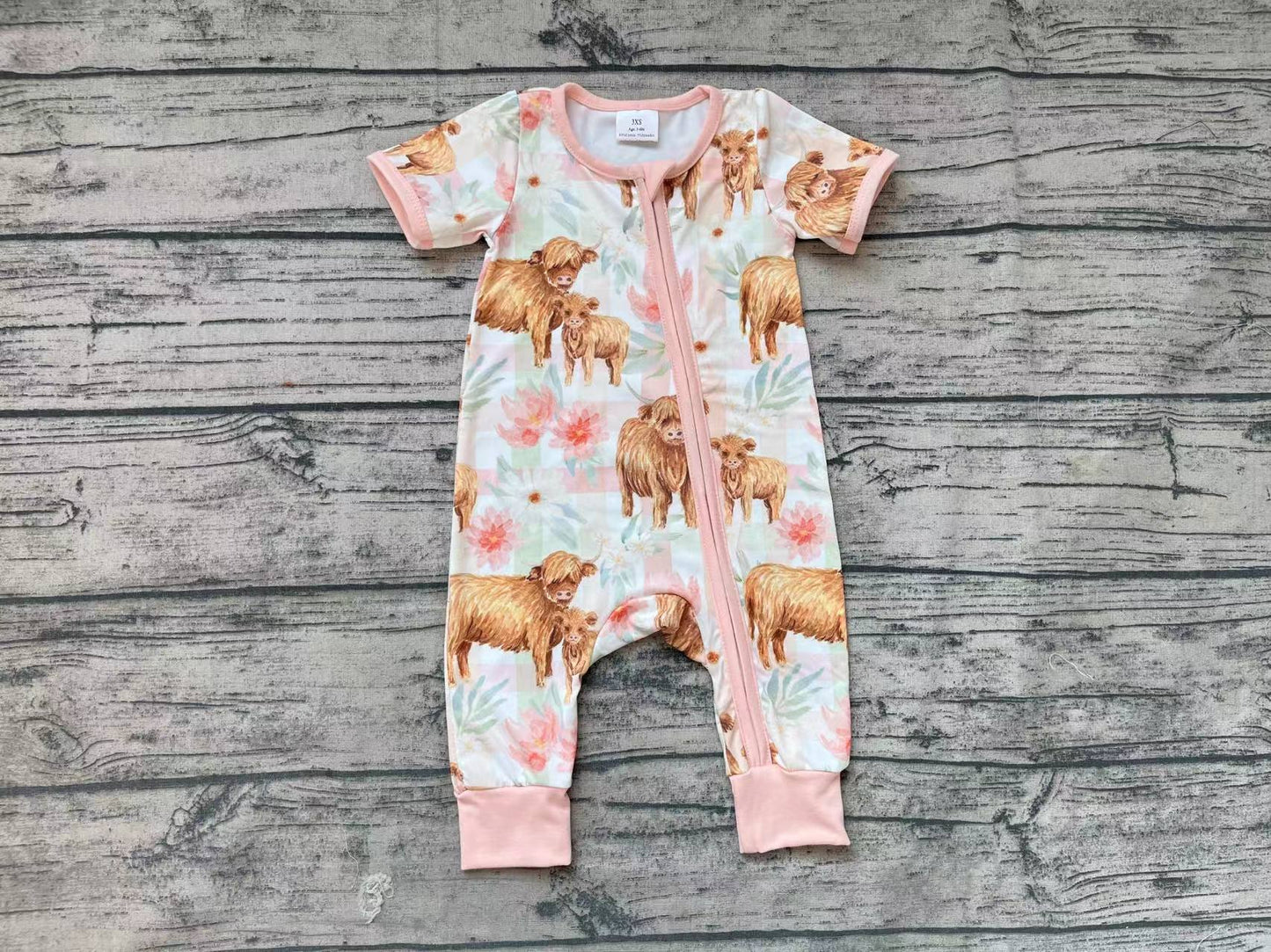 Baby Infant Girls Highland Cows Checkered Flowers Zip Rompers