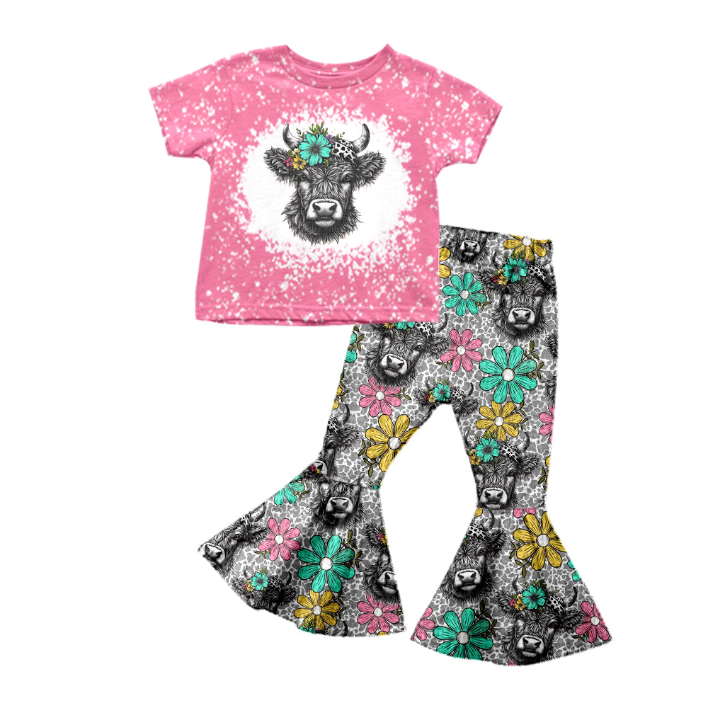 Baby Girls Black Highland Cow Western Top Bell Pants Clothes Sets Preorder(moq 5)