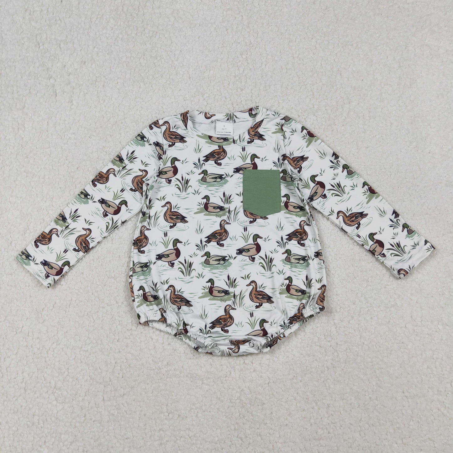 Baby Boys Long Sleeve Green Ducks Pocket Southern Rompers