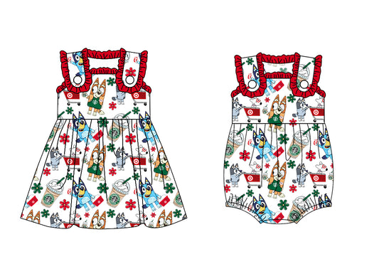 Preorder moq 5 Custom Baby Girls Sleeveless Cartoon Dogs Coffee Knee Length Dress Rompers