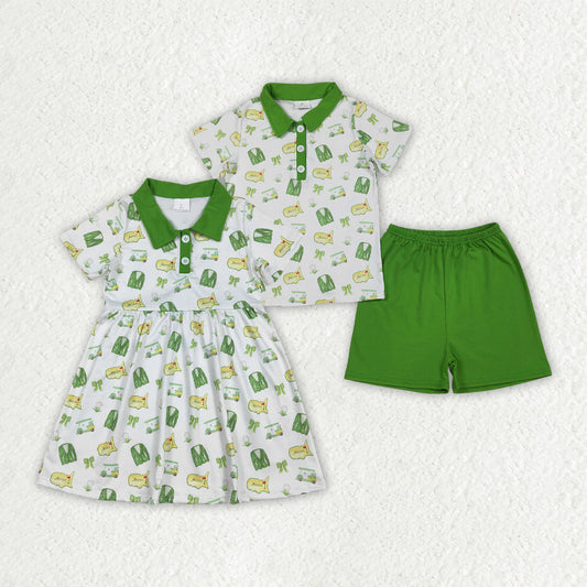Sibling Baby Boys Girls Green Golf Bows Button Shirt Short Clothes Set Knee Length Dresses