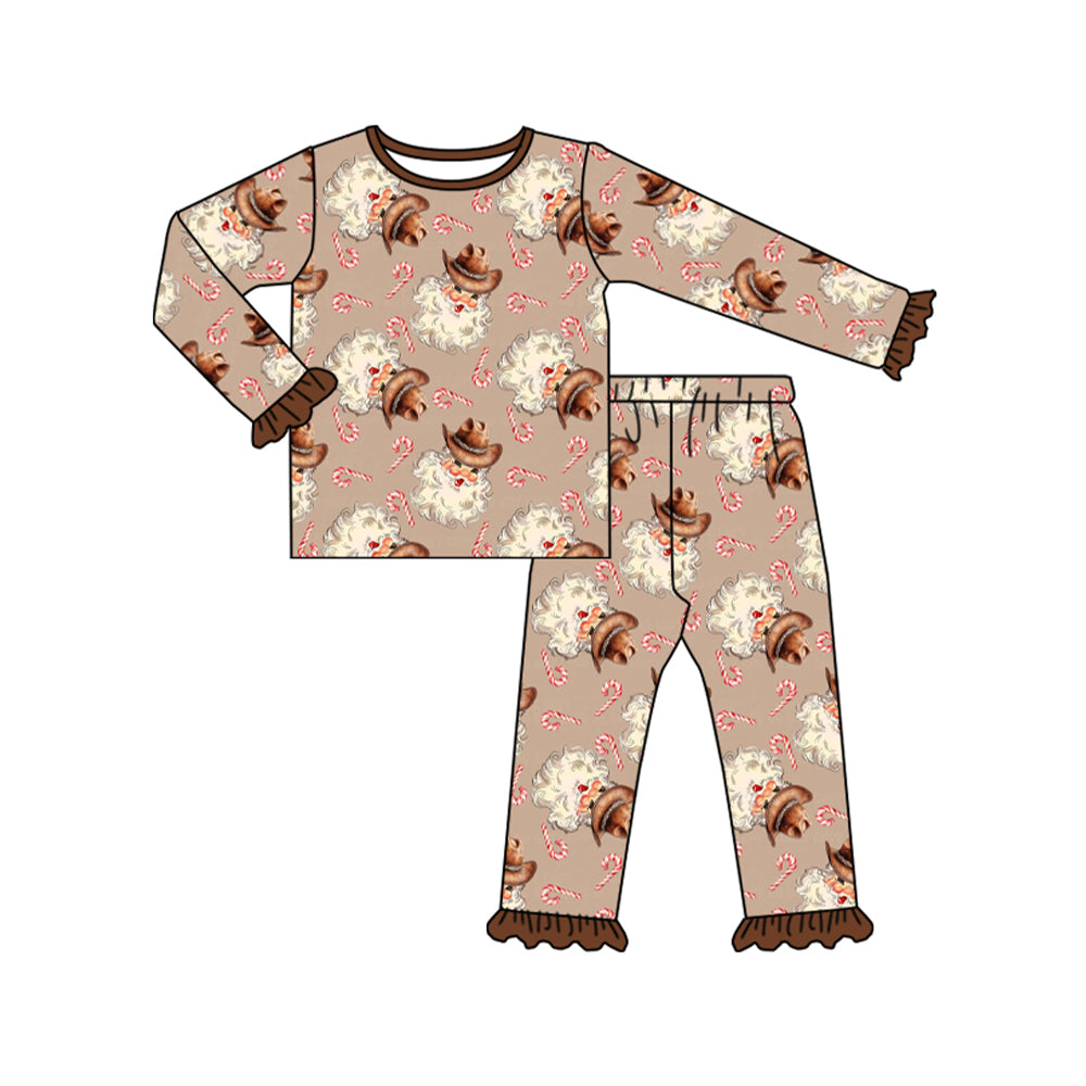 Baby Girls Western Christmas Santa Khaki Top Pants Pajamas Clothes Sets preorder(MOQ 5)