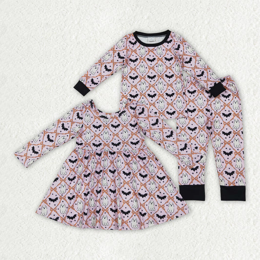 Sibling Baby Girls Ghosts Bats Checked Halloween Pajamas Sets Knee Length Dresses