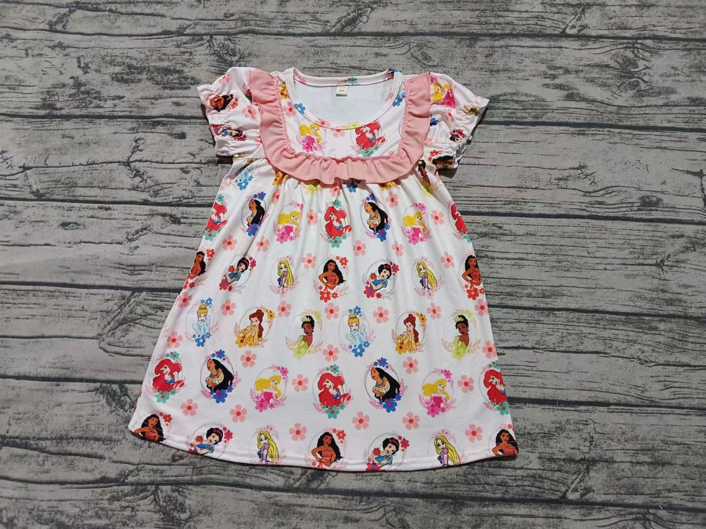 Preorder moq 5 Baby Girls Short Ruffle Sleeves Cartoon Princess Flowers Knee Length Dress