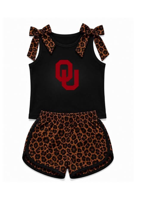 Preorder (moq 5)Baby Girls OU Black Bows Leopard Shirts Shorts Clothes Sets