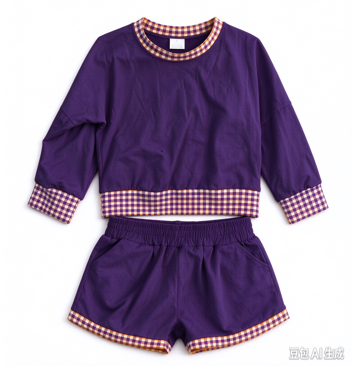 Preorder (moq 5) Baby Girl Clothes Purple Solid Top Purple Gingham Binding Long Sleeve Cropped Top Shorts Outfit