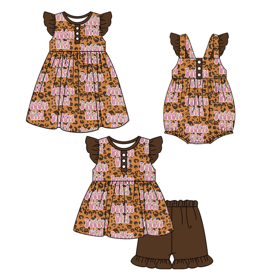 Preorder moq 5 Custom Baby Girls Button Dark Brown Leopard Daddy's Girl Tunic Ruffle Short Set Knee Length Dress Rompers