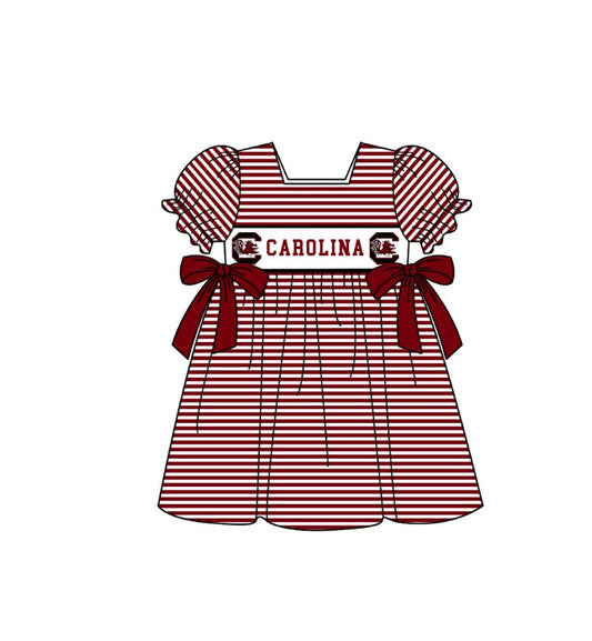 Preorder (moq 5)Baby Girls Short Ruffle Sleeve Red Stripe Carolina Team Knee Length Dress