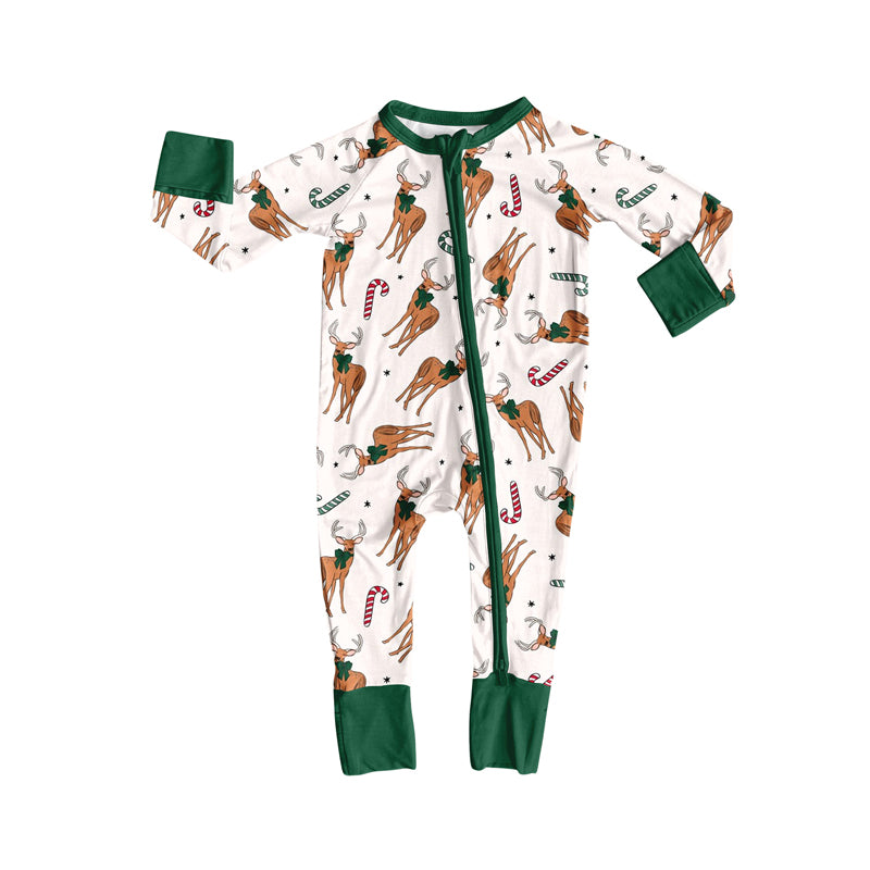 Preorder (moq 20)Baby Boys Bamboo Deer Candy Cane Christmas Zippy Footie Rompers