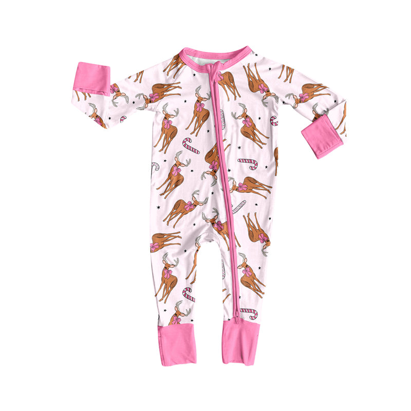 Preorder (moq 20)Baby Girls Bamboo Pink Deer Candy Cane Christmas Zippy Footie Rompers