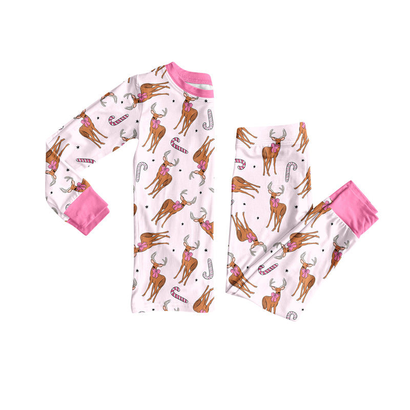 Preorder (moq 20)Baby Girls Bamboo Pink Deer Candy Cane Christmas Pajamas Sets