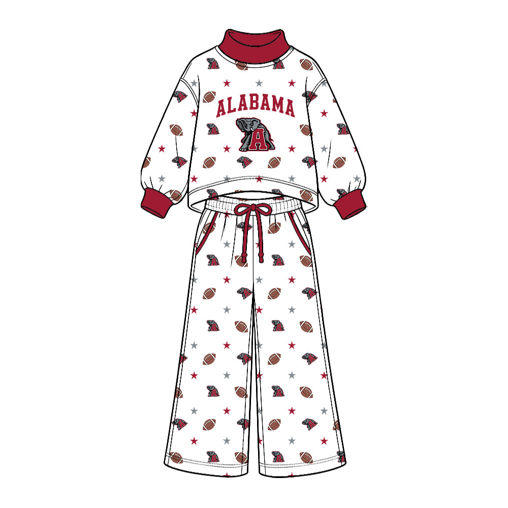 Preorder (moq 5) Baby Girl Clothes Alabama Elephant Football Star Allover Print Long Sleeve Mock Neck Top Wide Leg Pant Outfit Set
