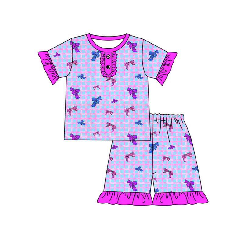 Preorder (moq 5)Baby Girls Checkered Bows Tee Top Shorts Pajamas