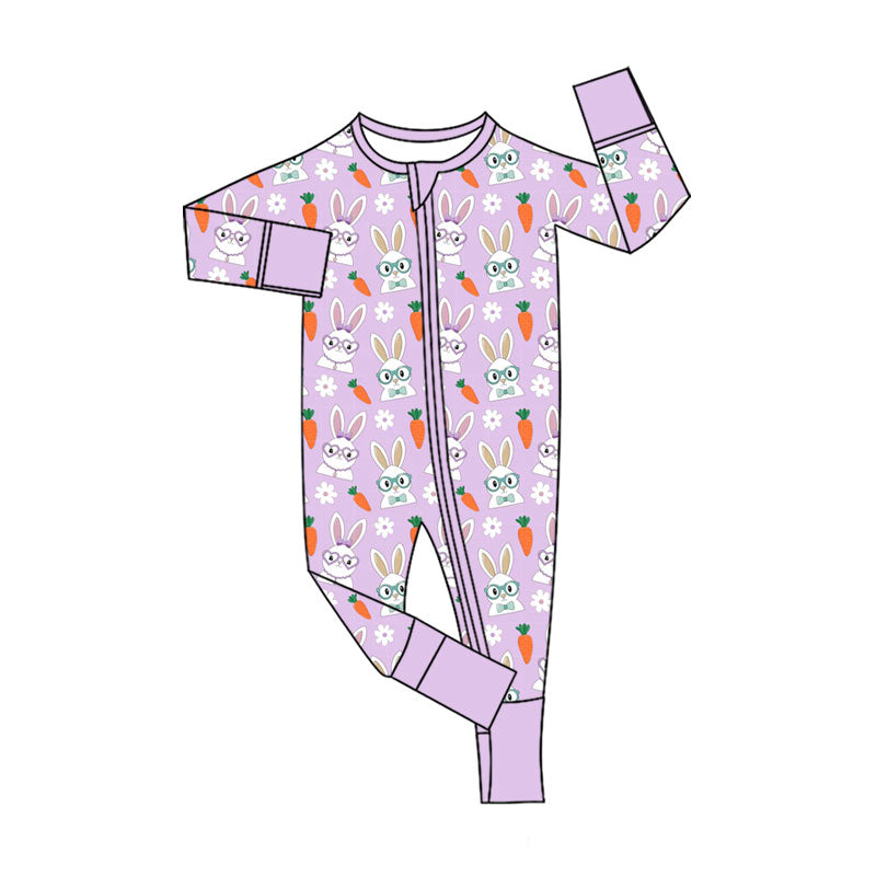Preorder (moq 20)Baby Girls Bamboo Flowers Rabbits Easter Two Way Zip Convertible Rompers