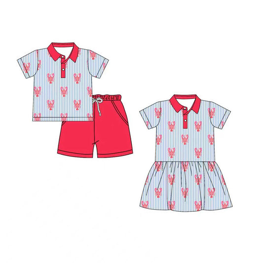 Preorder moq 5 (each item)Baby Boys Girls Blue Stripe Crayfishes Button Top Pockets Shorts Clothes Set Knee Length Dress