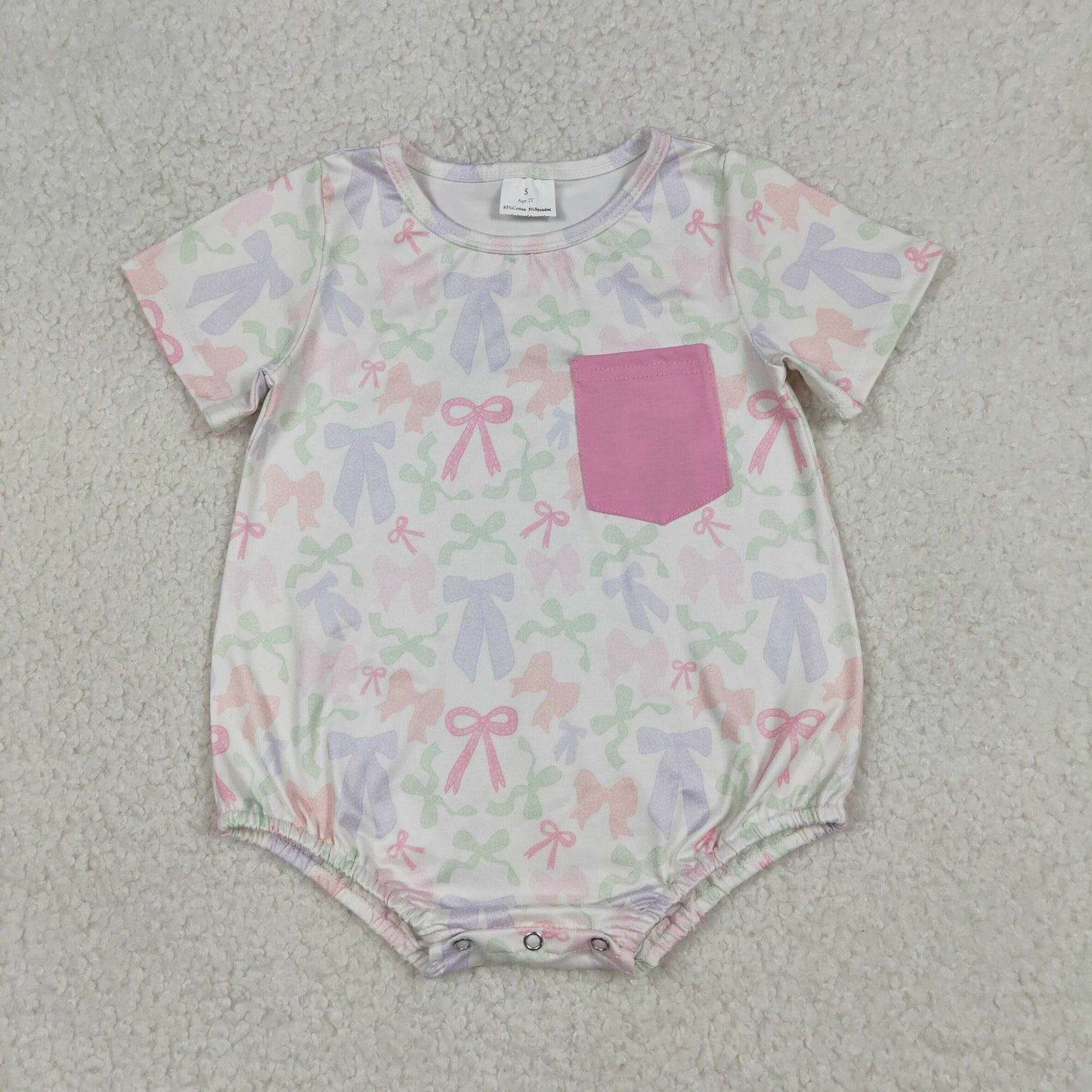 Baby Girls Short Sleeve Colorful Bows Pockets Ruffle Rompers