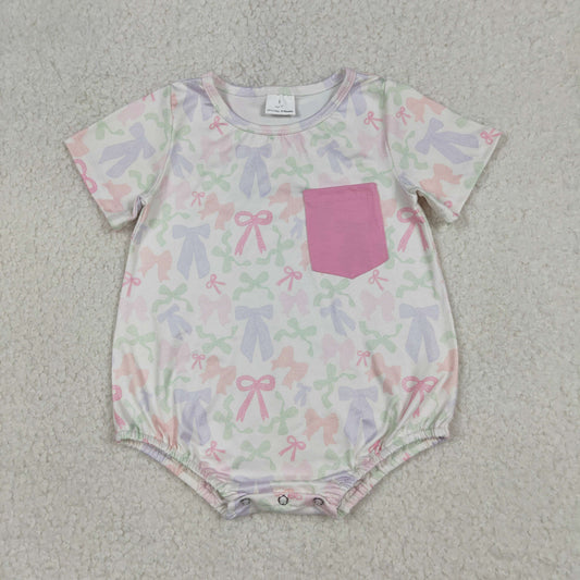 Baby Girls Short Sleeve Colorful Bows Pockets Ruffle Rompers
