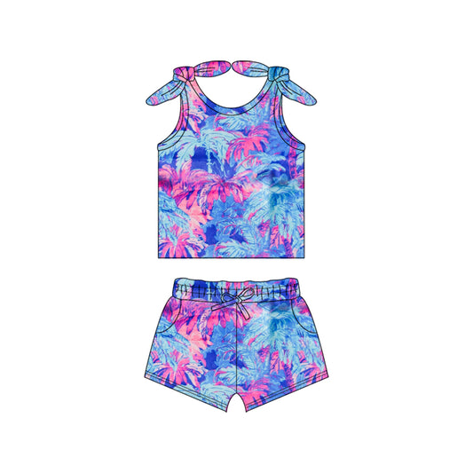Preorder (moq 5)Baby Girls Blue Bows Strap Watercolor Floral Top Pockets Short Set