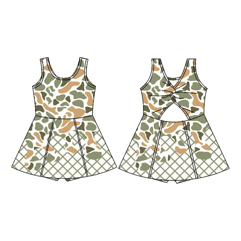 Baby Girls Green Camo Drip Team Shorts Yoga Knee Length Dresses Preorder