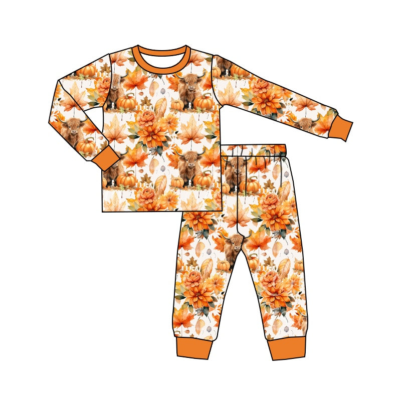 Baby Boys Fall Highland Cow Pumpkin Leaves Shirt Pants Pajamas Outfits Sets Preorder(moq 5)