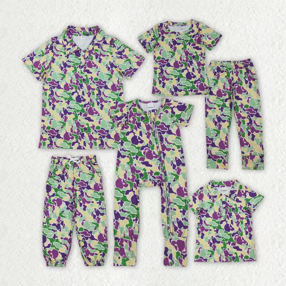 Sibling Daddy and Boys Mardigras Camo Pajamas Sets Zip Footie Rompers Polo Shirts Top