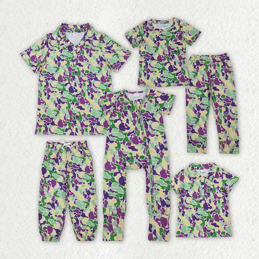 Sibling Daddy and Boys Mardigras Camo Pajamas Sets Zip Footie Rompers Polo Shirts Top