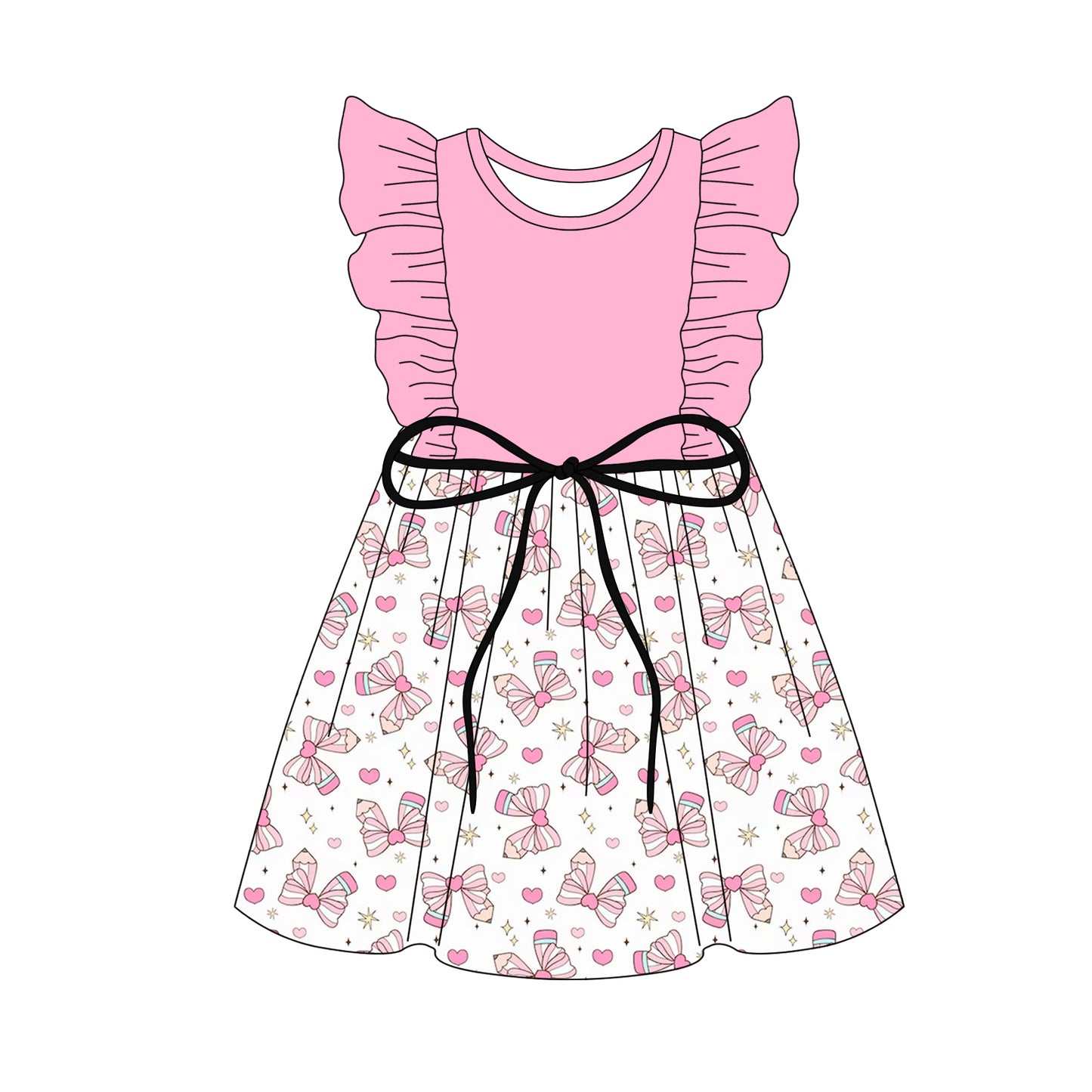 Preorder (moq 5)Baby Girls Pink Flutter Sleeves Hearts Bow Pencils Knee Length Dresses Preorder