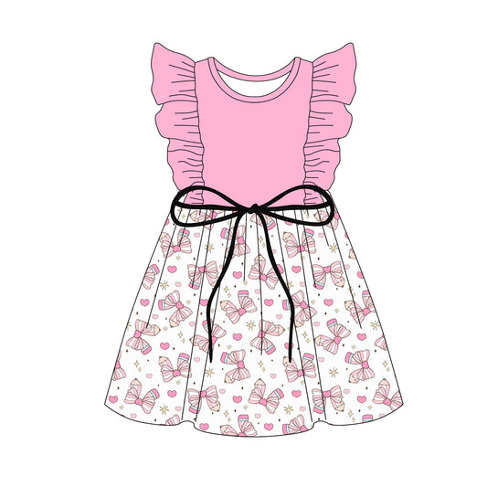 Preorder (moq 5)Baby Girls Pink Flutter Sleeves Hearts Bow Pencils Knee Length Dresses Preorder