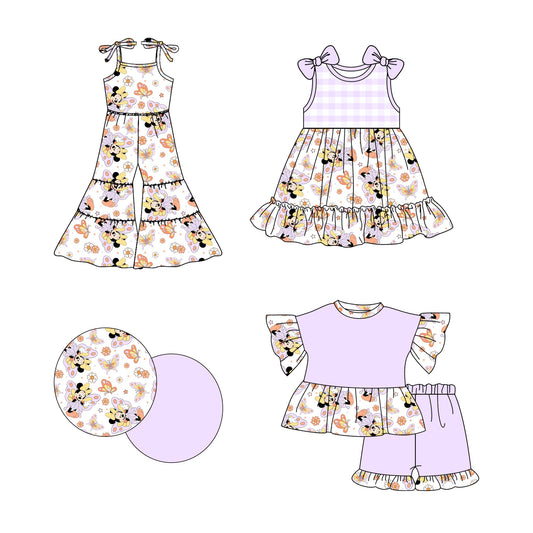 Preorder moq 5 Custom Baby Girls Lavender Stripe Cartoon Mouse Tunic Ruffle Short Sets Knee Length Dress And Jumpsuits