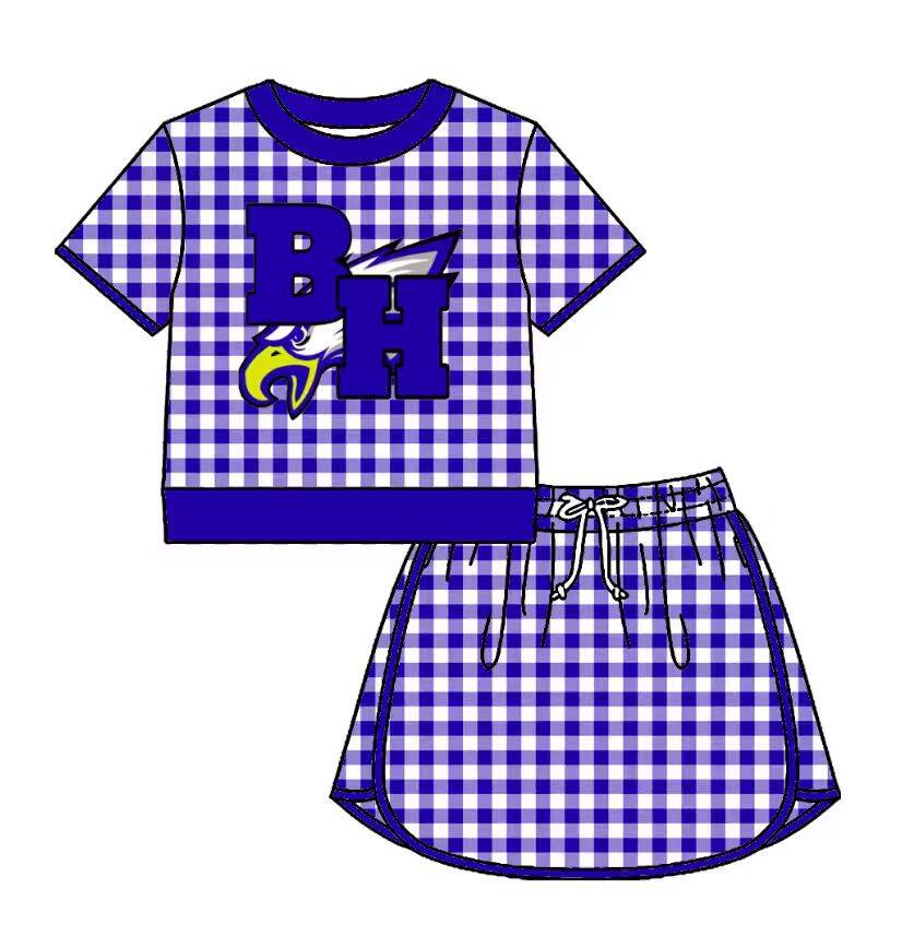 Preorder (moq 5)Baby Girls Blue Checked BH Eagles Top Skirt Short Team Clothes Set