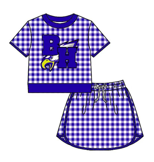 Preorder (moq 5)Baby Girls Blue Checked BH Eagles Top Skirt Short Team Clothes Set