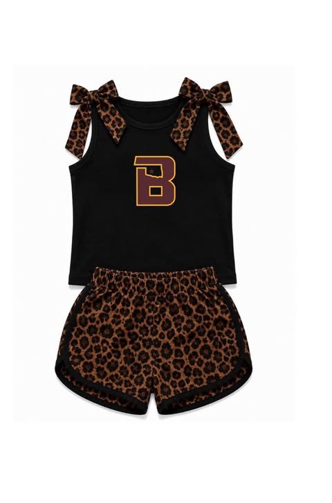 Preorder (moq 5)Baby Girls B Black Team Bows Shirts Leopard Shorts Clothes Sets