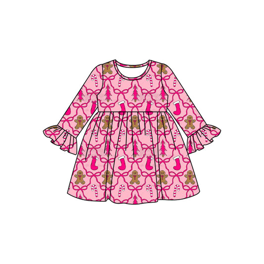 Preorder (moq 5)Baby Girls Pink Bows Gingerbread Plaid Christmas Knee Length Dresses