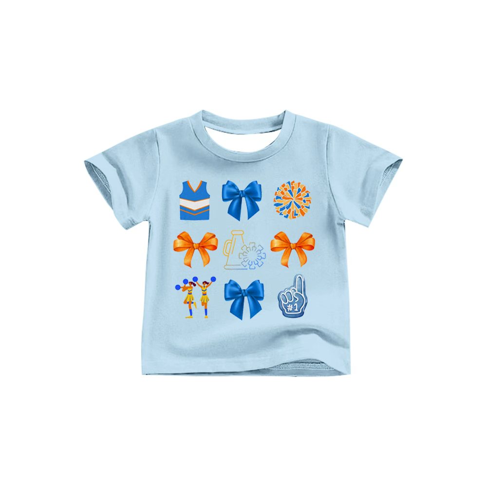 Preorder (moq 5)Baby Girls Blue Bows Cheer Team Short Sleeve Tee Shirts Tops