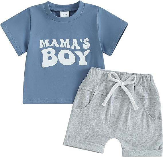 Baby Boys Blue Mama's Boy Shirt Summer Shorts Clothes Sets preorder (moq 5)