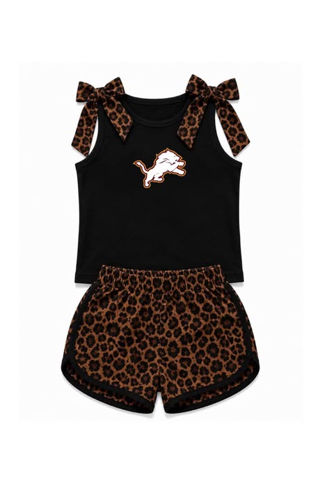 Preorder (moq 5)Baby Girls Lion Black Team Bows Shirts Leopard Shorts Clothes Sets